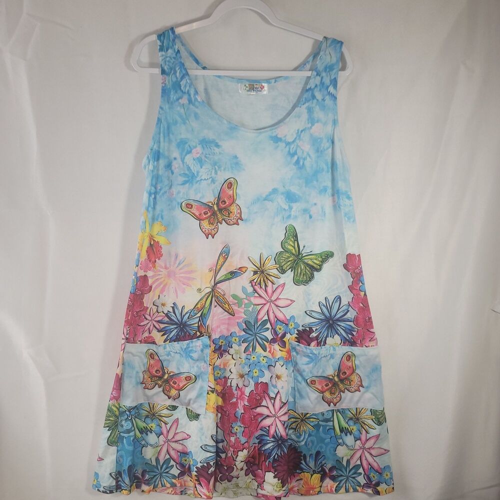 India Boutique Butterfly Floral Pocket Tank Dress OS One Size Sky Blue Whimsy